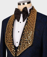 Navy Blue Men Suits Set 2 Piece Blazer Pants Luxury Crystals Groom Wedding Tuxedo Single Breasted Coat Custom Made Prom Blazer